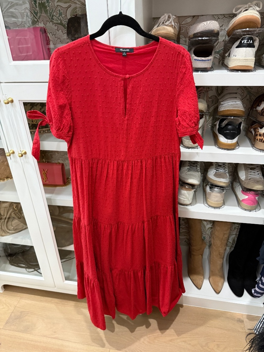 Madewell Red Swiss Dot Midi Dress with Tie Sleeves